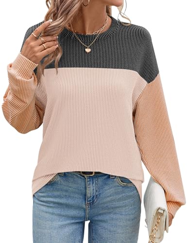 Ivicoer Womens Color Block Pullover Shirts Ribbed Long Sleeve Tops Fall Casual Loose Sweatshirts Fashion4