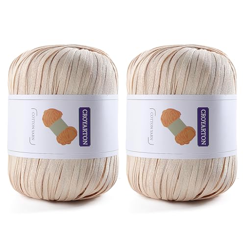 Image of 2 Pack Raffia Yarn for Crochet, Soft Cotton Yarn for Crocheting Summer Beach Bag /Hat, 228 Yards /3.52 Ounce Ribbon Paper Yarn for Beginners DIY Hand Knitting Handbag (Beige)