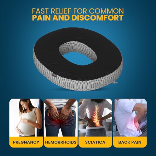 Image of Orista Memory Foam Donut Cushion for Sitting | Orthopedic Seat Cushion with Breathable Black & Grey Mesh Cover | Coccyx Tailbone Pressure Relief Cushion for Office Chair Car & Home