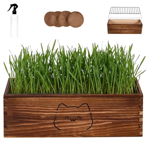 sxemcx rrhh Wooden Cat Grass Planter (no Seeds Included) Cat Grass Kit for Indoor Cats with Anti-Digging Grid Potting Soil Disks Watering Bottle and Removable Plastic Liner Wheat Grass Growing Pot