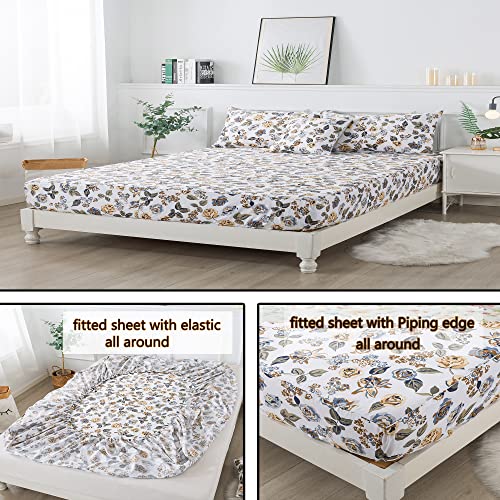 Fadfay Sheets Set Twin Xl Elegant Rose Floral Bedding Shabby White Flower Bed Sheets Vintage Floral Sheets Farmhouse Bedding 100% Cotton Girls Bedding With Deep Pocket Fitted Sheet 4Pcs, Twin Xl Size #TOP3