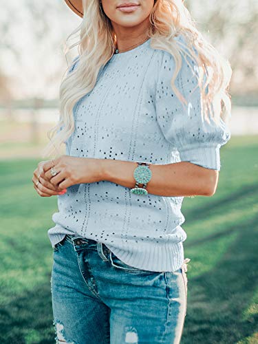 Saodimallsu Womens Summer Cute Short Lantern Sleeve Crew Neck Dot Casual Knit Pullover Sweaters Blouse Blue #TOP2