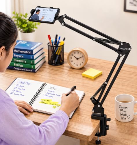 Image of Adjustable Overhead Mobile Holder Stand for Smartphones & Tablets, Metal Arm with 360 Rotation, Anti-Slip Clamp, Flexible Desk Mount for Video Recording, Live Online Classes & Video Calls