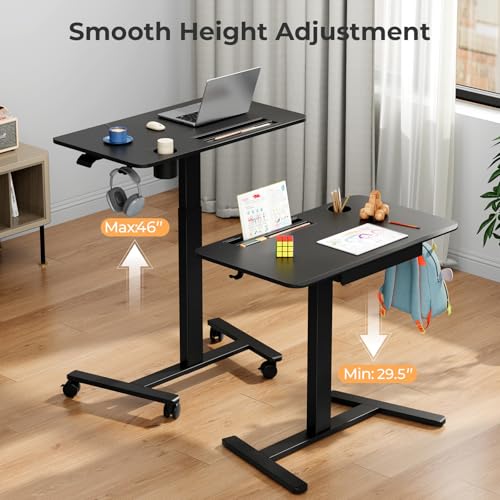 Image of Mobile Standing Desk with Drawer, 35 inch Small Standing Desk with Cup Holder, Rolling Laptop Cart on Wheels, Height Adjustable Table with Storage for Home Office, Black