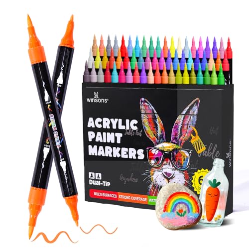 WINSONS Acrylic Markers, 60 Dual-Tip Paint Pens for Rock Painting, Colouring Books, Mugs, Canvas Shoes, Metal, Scrapbooking - Quick Dry, Brush & Fine, Drawing Markers
