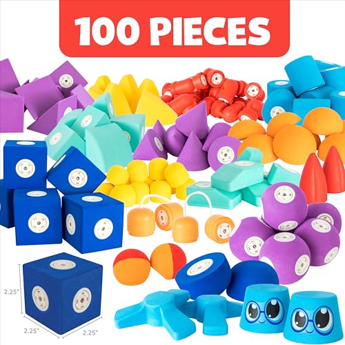Magnetic Foam Building Blocks - 100-Piece Set with Storage Chest, Bath Toys for Toddlers, Preschool Toys, Bathtub Toys, Sensory Toys, Blocks for Toddlers 3-5, Engineering Toys for Kids 3-5