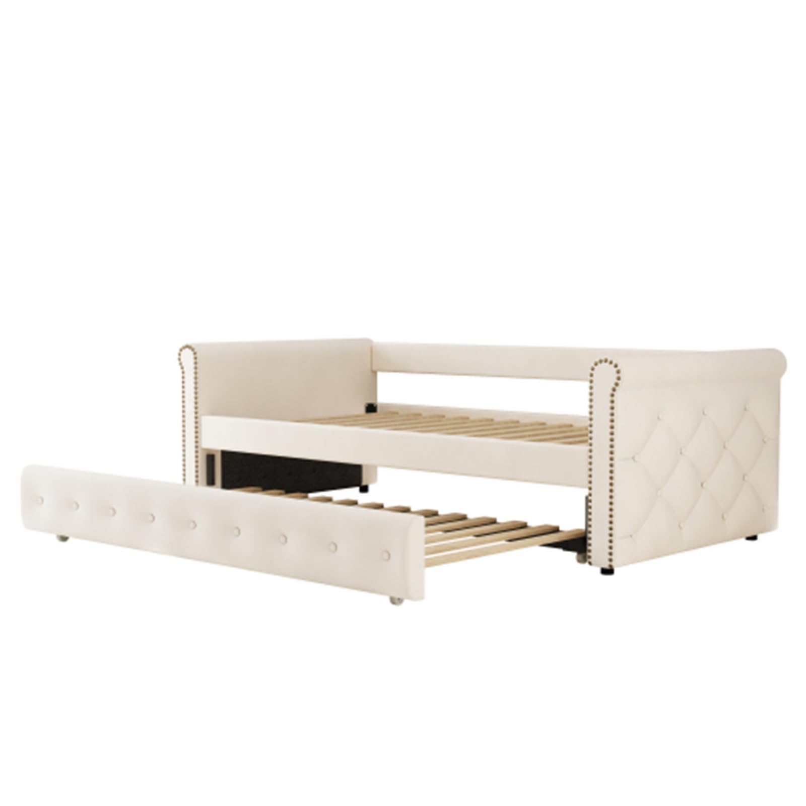 Cama nido tapizada con marco de listones de madera, cama juvenil, cama infantil, cama de invitados (beige + 90 x 200)