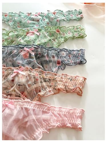 Image of SHENHE Women's 5 Packs Floral Lettuce Trim Bow Low Rise Cute Thong Panties Underwear