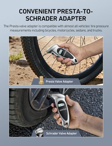 Image of AstroAI Digital Tire Pressure Gauge 0-150PSI, Accurate in 0.1 Increments, Tire Gauge with Backlit LCD and Presta Valve Adaptor, 4 Units of Measurement for Car Truck Bicycle, Silver 1Pack