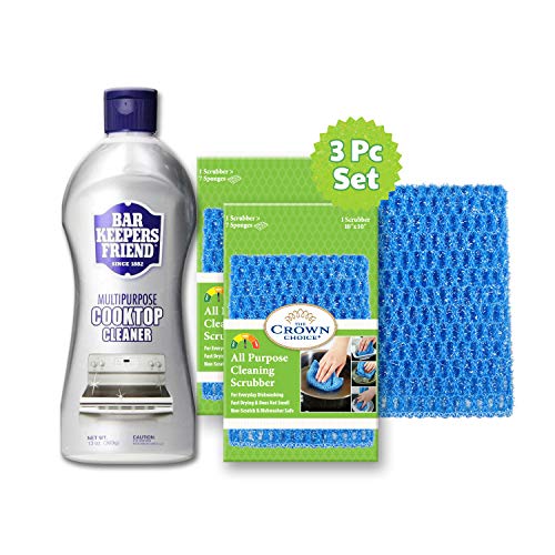 BAR KEEPERS FRIEND Cooktop Cleanser (13 OZ) with TWO All Purpose Scrubber Cloth | Heavy Duty Glass, Range and Cooktop Cleaner