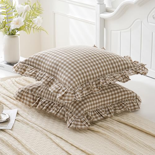 Taupe/White Plaid Euro Pillow Shams Ruffle Pillowcases Set of 2,Shabby Checkered Washed Cotton Pillow Covers-26 x26,Taupe/White Plaid