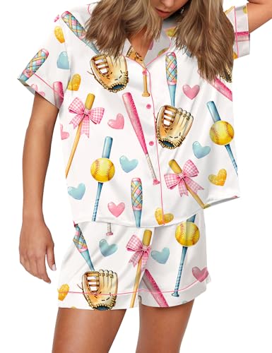 Image of SHESHOW Pajamas for Women Set Satin Button Down Short Sleeve Top and Shorts Pjs Sets Sport Ball Print Sleepwear XS-XXL
