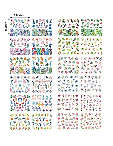 48 Sheets Summer Nail Art Stickers - Tropical Water Nail Decals Mixed Style Colorful Flowers Roses Birds Tropical Leaves Peacocks Diy Acrylic Nails Nail Stickers For Nail Art #TOP4