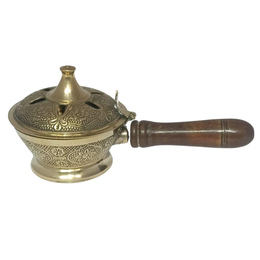 Gold Brass Incense Burner for Akhand Aarti Diya Incense Burner sambrani dhoop bakhoor loban Burner Wooden Handle Home Temple Offices Prayer Butler with Designed Decoration, Pack of 1