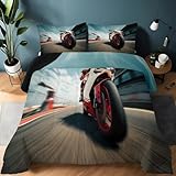 Bettdecke 200 x 200 cm 4 Jahreszeiten, Sport Motorräder Geschwindigkeit Warme Ganzjahresdecke Kinder Bettdecke ohne Bezug Waschbar Schlafdecke mit 2 Kissenbezug 80x80cm, Wende-Steppdecke, Blau