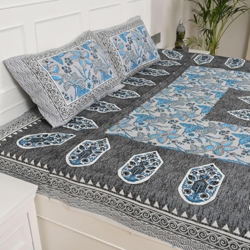 Image of Jaipur Weaves Jaipuri Double Bed Cotton Bedsheet Queen Size 90x85, 120 TC 100% Pure Cotton Bed Sheet with 2 Pillow Covers, Floral Traditional Print (Aqua, Double)