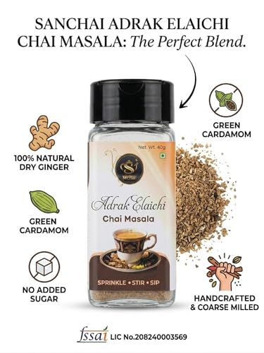 Image of SANCHAI Adrak Elaichi Chai Masala Powder 40gm | Ginger Cardamom Tea Spice Blend for Daily Tea Preparation | Aromatic Indian Chai Masala with Refreshing Taste and Flavor | Pack of 4