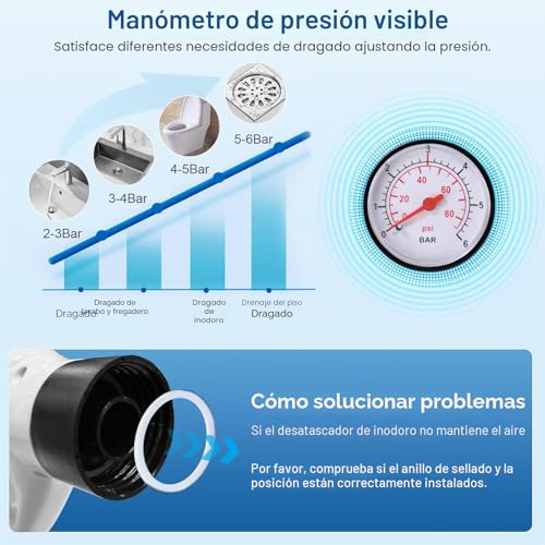 Miniatura 3 de Bomba Desatascadora De Desagües, Inodoros, Limpiadores De Tuberías De Aire Comprimido, Émbolo De Inodoro, Eliminación De Obstrucción Con 4 Ventosas, Manómetro, Desagüe Para Lavabos, Baños, Ducha