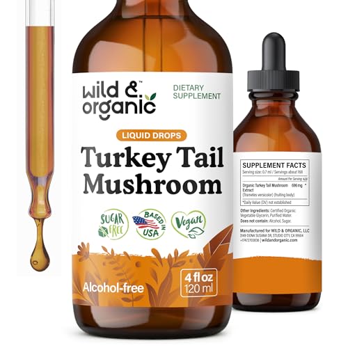 Wild & Organic Turkey Tail Mushroom Tincture - Immune Support Drops with Turkey Tail Extract - Liquid Mushroom Supplement for Gut Support - Vegan Sugar & Alcohol-Free - 4 fl oz
