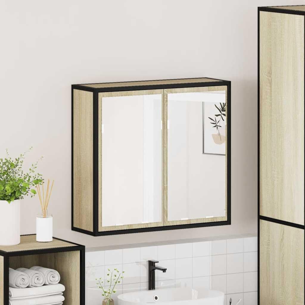 Sonoma - Mobili da bagno, 65 x 20 x 60 cm, in legno di rovere, telaio in metallo, piccolo armadio da bagno, montaggio a parete, con specchio, design moderno per piccoli bagni