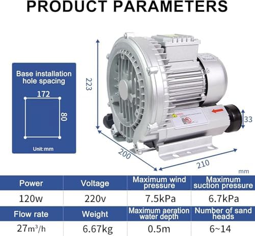 High-Performance Vortex Ring Blower, 120W-7500W Regenerative Electric Air Pump for Aquarium, Hydroponics, Pond & Septic Tank Aeration, Ideal for Sewage Treatment (120W/220V)