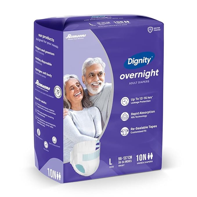 Image of DIGNITY Overnight Tape Style Adult Diapers - L (80 Pieces) With Wetness Indicator and Leakage Protection Upto 12-16 Hrs.