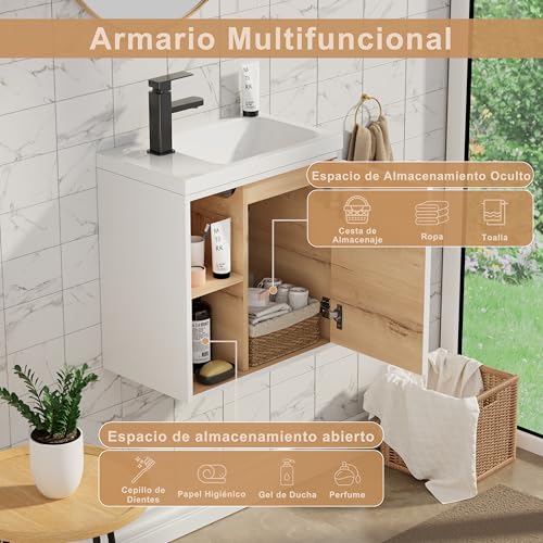 Miniatura 5 de Uev Mueble De Baño Con Lavabo De Resina, Mueble De Baño Suspendido Con Diseño Único Y Practicidad, Patrón De Rayas Verticales, 50,5 X 30 X 50 Cm, Blanco