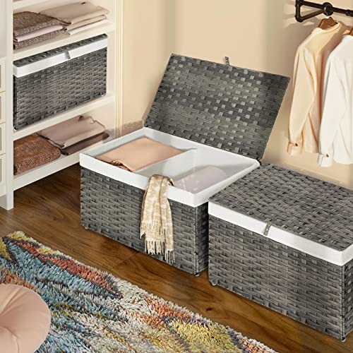 Greenstell Storage Basket With Lid, Handwoven Large Shelf Basket With Cotton Liner And Metal Frame, Foldable & Easy To Install, Storage Box Basket Bin With Handle For Bedroom, Laundry Room Grey 65L #TOP2
