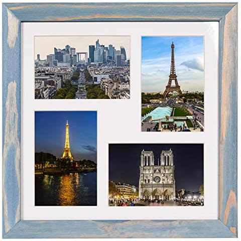 Rustic Solid Wood Square Collage Photo Frame 12x12 inch – Display Four (4) 4x6 inch Pictures with Mat for Wall Hanging - Blue Cover