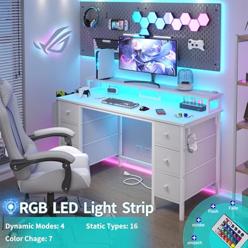Lufeiya-White-Computer-Desk-with-Fabric-Drawers-Storage-Shelves-47-inch-Home-Office-Desk-with-Monitor-Stand-Gaming-Desk-with-LED-Lights-and-Power-Outlets-White