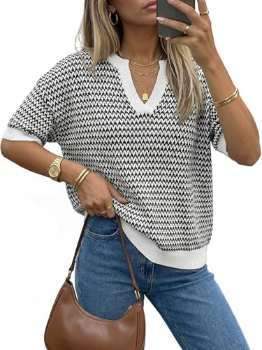 Arach&Cloz Womens 100% Cotton Short Sleeve Sweater Polo V Neck Striped Pullover Knit Spring Summer Casual Trendy Fashion 2026 Black M