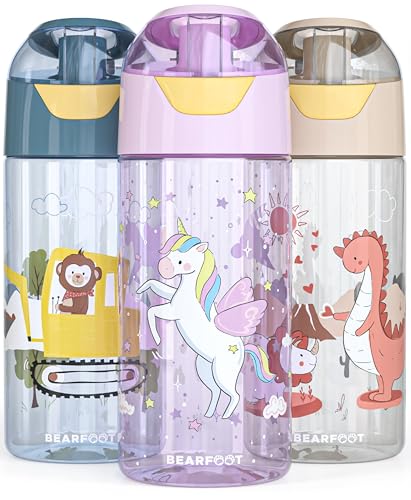 Preisvergleich Produktbild BEARFOOT Trinkflasche Kinder 450ml, leichte Tritan Wasserflasche, BPA frei, auslaufsicher, Kohlensäure geeignet, spülmaschinenfest für Jungen, Mädchen, Kindergarten - (Lila - Einhorn)