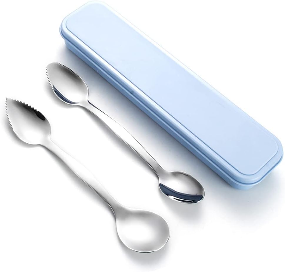 ARFUKA Grapefruit Spoons Serrated Double-Headed Grapefruit Spoons Mud Scraping Spoon Stainless Steel Grapefruit Spoon Utensil Set with Storage Box for Kiwi, Dessert, Apple, Citrus Fruit Pack of 2