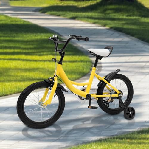 LENJKYYO 16 Zoll Kinderfahrrad für Jungen/Mädchen Kinder Fahrrad mit Stützräder 3 Rad Kinderrad Gelb Kinderfahrrad ab 4-8 Jahre Kinder fahrräder Höhenverstellbar – Bild 4