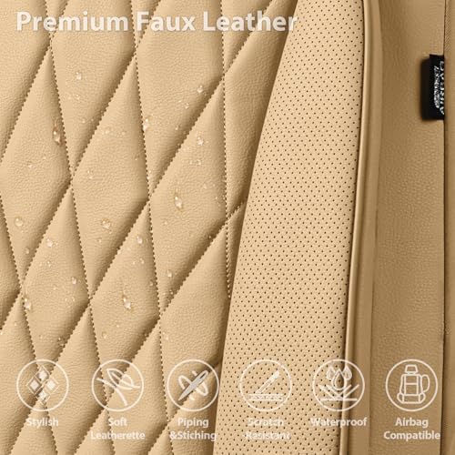 Image of CAR PASS Piping Luxury PU Leather Two Front Car Seat Covers, Waterproof Anti Slip Seat Covers Compatible with Front Seat Armrests,Universal Fit for Suvs,Vans,Trucks,Airbag Compatible(All Beige)