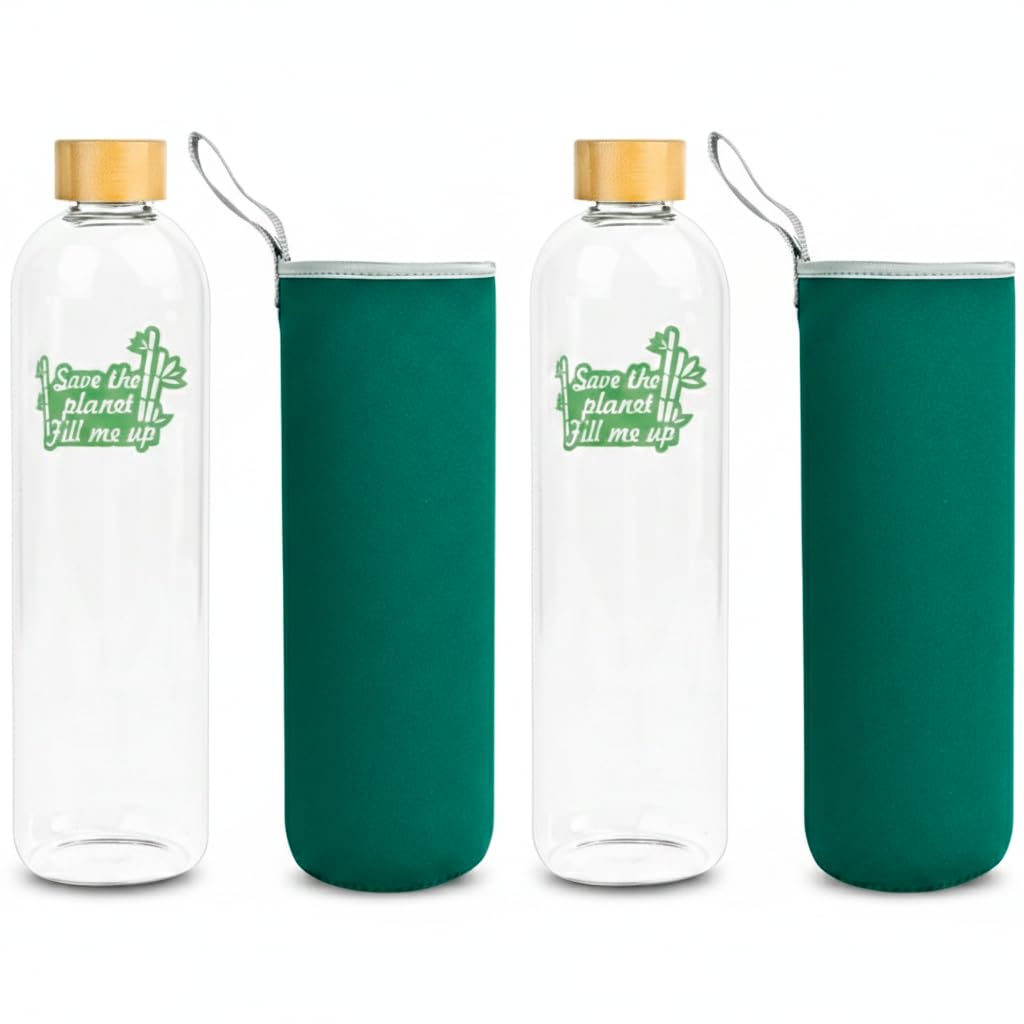 Bouteille d'Eau en Cristal avec Bouchon en Bambou - Bouteille en Verre Borosilicaté Écologique, Recyclable, Réutilisable, Libre de Toxiques, sans BPA