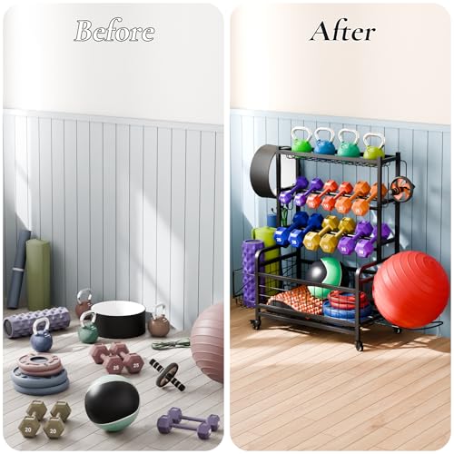 Weight Storage Organizer Racks for Dumbbells, Kettlebells, Weight Plates, Home Gym Storage Rack for Yoga Mat Kettlebells and Strength Training Equipment with Wheels - Thumbnail 5