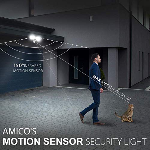 Amico LED Solar Security Light Motion Sensor Outdoor, Waterproof Solar Lights Outdoor with Motion Sensor, 3000mAh Lithium Battery 1000LM 5000K Daylight Brightness, Adjustable Heads Solar Powered Flood