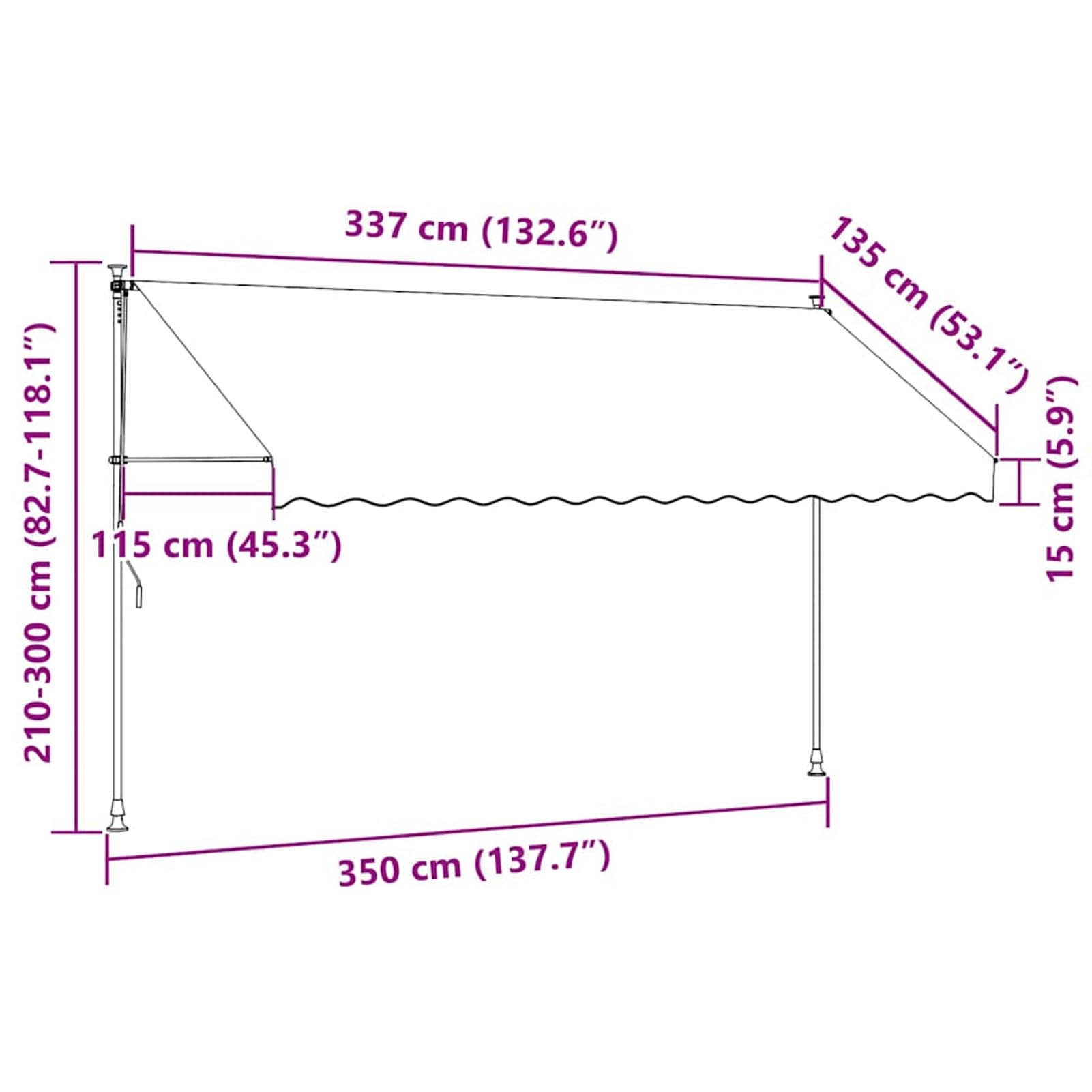 Wysuwana markiza balkonowa, obsługiwana ręcznie, 350 cm, kremowo-biała, balkonowa, bez wiercenia, z korbą ręczną, aluminiowa markiza odporna na promieniowanie UV, regulacja wysokości i