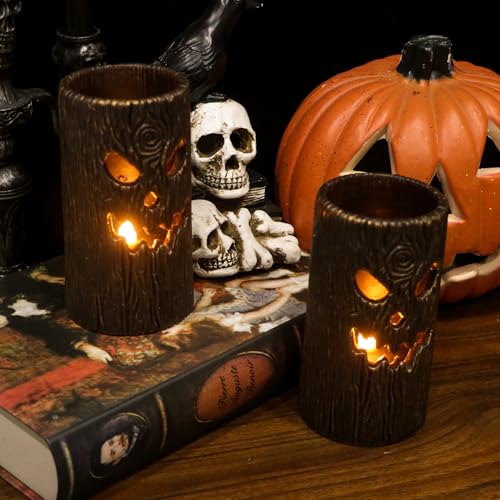 Image of Halloween Flameless Candles, 2PCS Ghost Tree Carved Pillar Candles