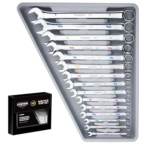 Image of toolant Max Grip 15pcs Professional SAE Combination Wrench Set with Long Pattern Offset Heads Anti-Slip Teeth & Color-Coded Markings for Machinist, Auto, maintenance, DIYer