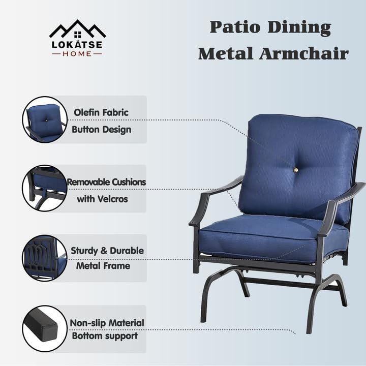 Image of LOKATSE HOME 2 Pieces Outdoor Conversation Furniture Patio Bistro Armchair Set Metal Single Dining Chairs with Cushion, Blue
