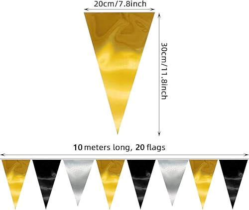 Miniatura 2 de Banderín triangular de 130 pies, color negro y dorado y plateado, guirnalda de banderines de tela metálica para colgar en la pared de Navidad,