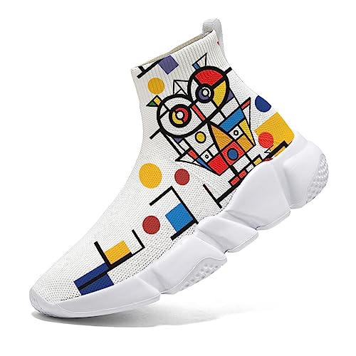 Hetios Men's Sock Shoes Mondrian Style Knit Slip On Sneakers Athletic Casual Graffiti Painted Shoes