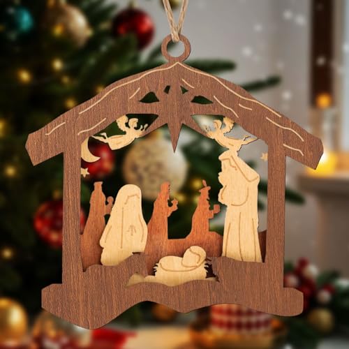 Ornamentos de presépio de Natal pendentes de madeira ornamento de cena natalícia lembrança religiosa decoração de árvore de Natal escritório em casa (tipo 1)