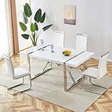 gopop Dining Table Set for 4, Modern Kitchen Table Chairs Set of 4, 55" White High-Gloss Lacquered Tabletop & Electroplated Metal Frame, Perfect for Family Dining
