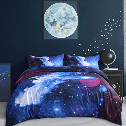 Uxcell 4-Piece Galaxies Duvet Cover Sets - 3D Printed Space Themed - 100% Polyester- All-Season Reversible Design - Includes 1 Duvet Cover, 1 Flat Sheet, 2 Pillow Shams Blue Sky Twin #TOP1