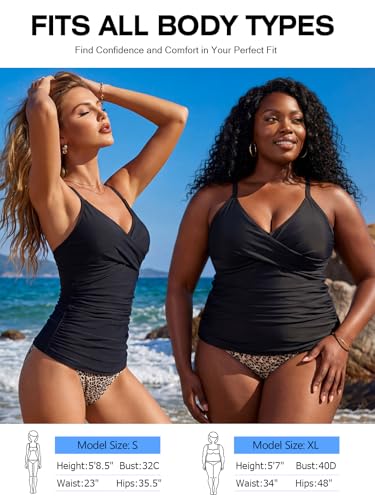 Image of RELELCIGA Women's Tankini Top V Neck Ruched Tummy Control Bathing Suit Top