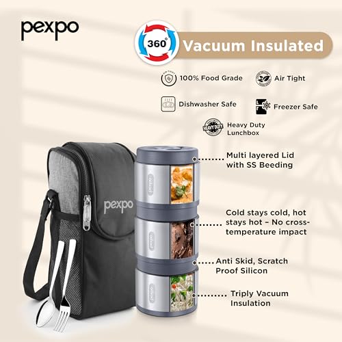 Image of Go24 pexpo Extreme Smart Stainless Steel Triple-Container Vacuum Insulated Lunch Box with Cutlery for Office and Travel, (350ml x 3 Containers),Microwave Safe | Heavy Duty | Airtight | Matte Finish