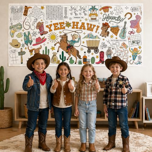 Image of Western Giant Coloring Poster for Kids 30x72 Inch, First Rodeo Large Coloring Poster Tablecloth, Cowboy Cowgirl Themed Color-in Activities Games for Kids School Classroom Home Birthday Party Decors